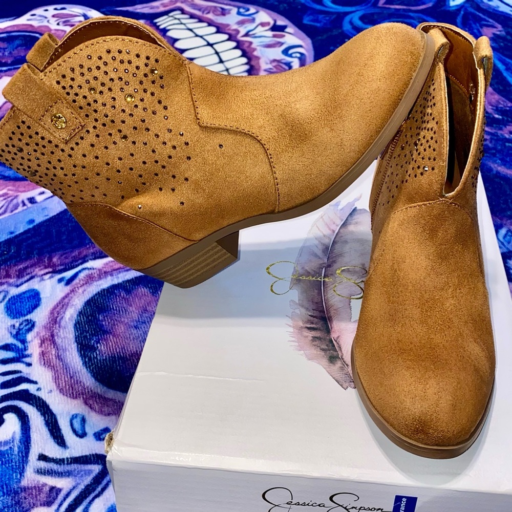 JESSICA SIMPSON LAYLA DIP ZADIE  COGNAC BROWN RHINESTONE BOOTS ZIP sz 2 $55 box